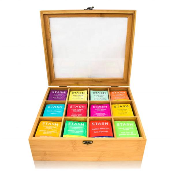 Transparent Lidded Wooden Box 12 Compartments Wood Tea Box Organizer