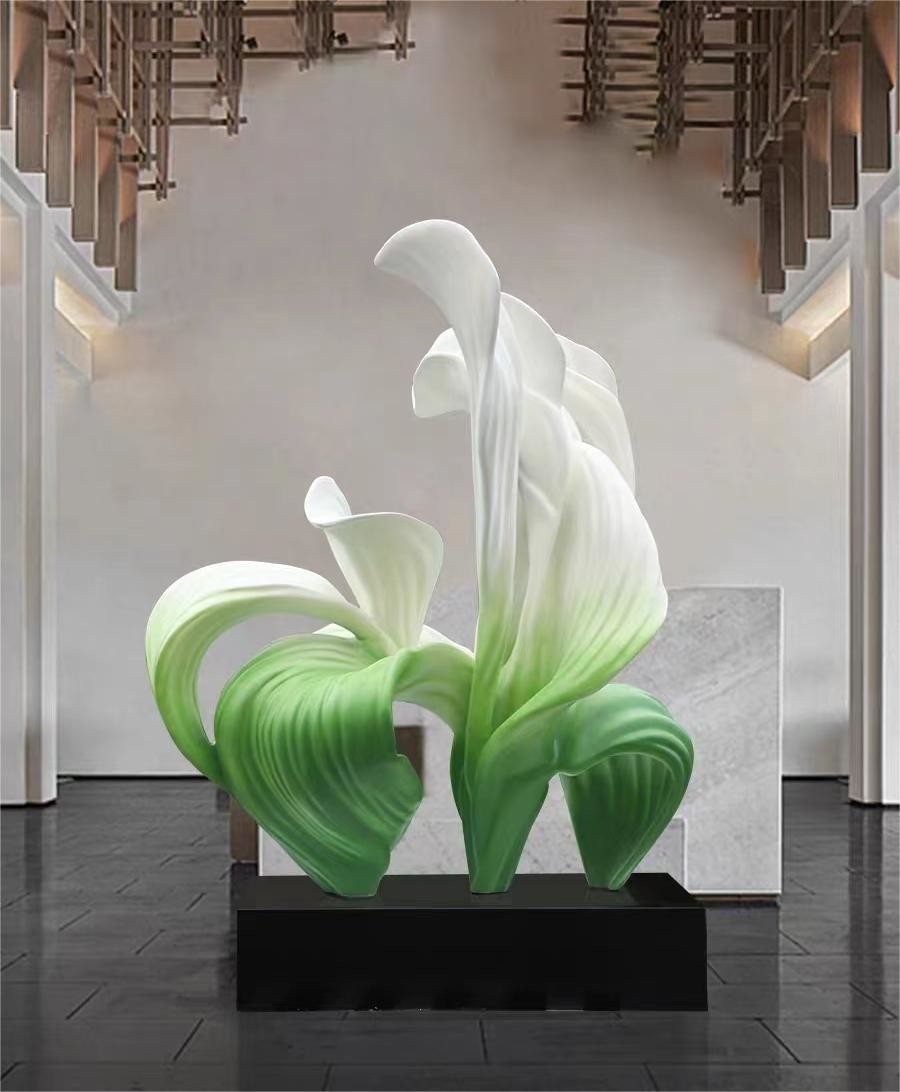 Bespoke Large Floor Standing Flower Fiberglass Sculpture Marble Base For Hotel Lobby