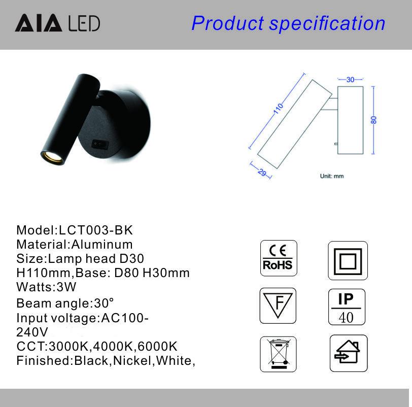 Wall mounted european style BJB switch 3W led reading wall light bedside indoor led headboard wall light