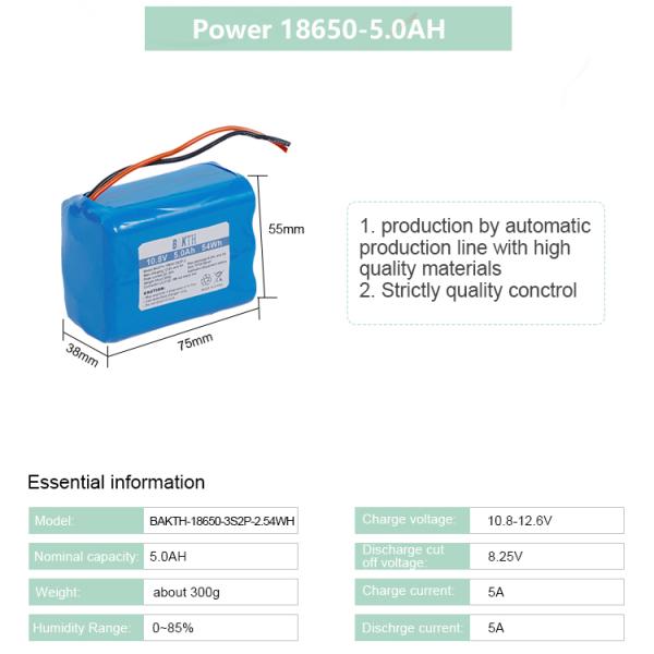 BAKTH Battery Pack 18650 Dry 5.0AH Rechargeable 3s Lithium Ion Battery Pack 10.8V