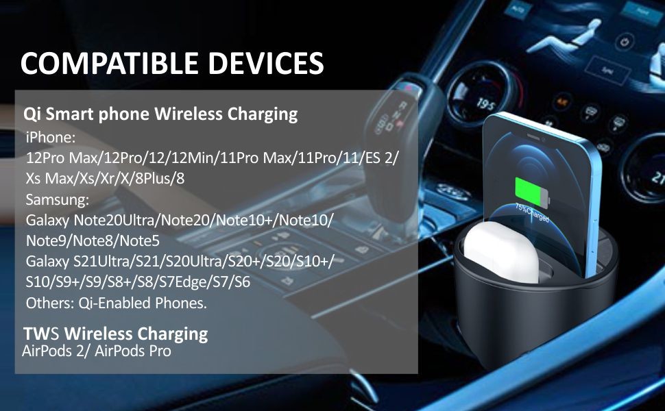 Cup Car Wireless Charger With Convenient Wireless Charging & Cable Charging