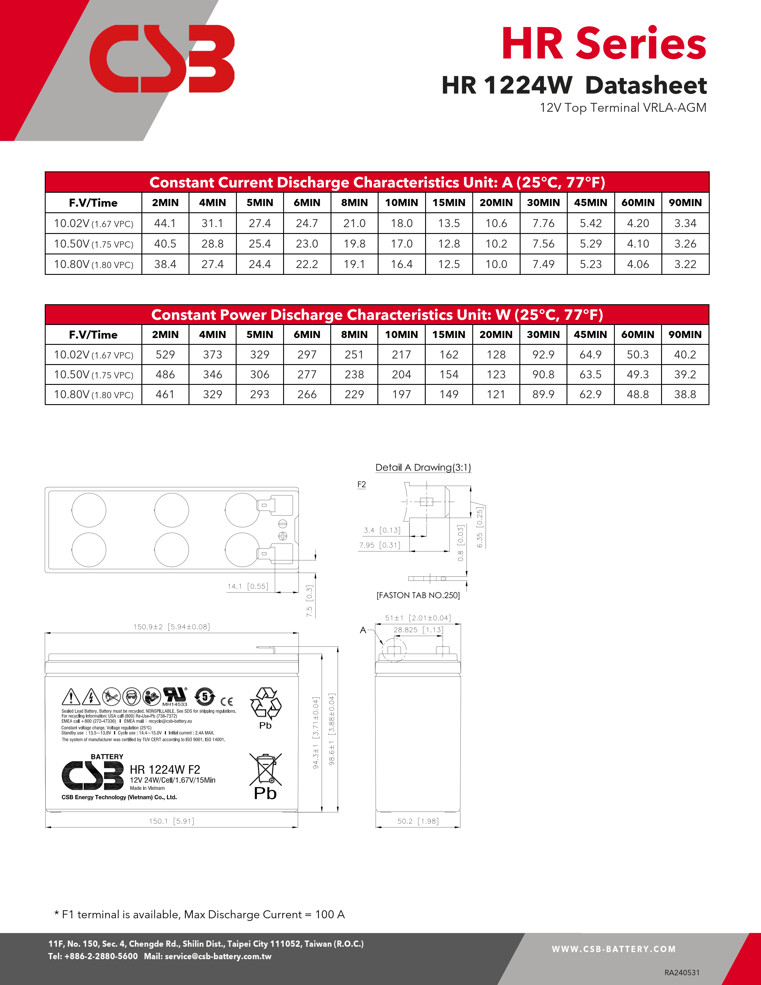 CSB Battery HR1224W 12V 24W 6Ah High Performance Rechargeable Maintenance-Free Lead Acid Battery 12V 6Ah