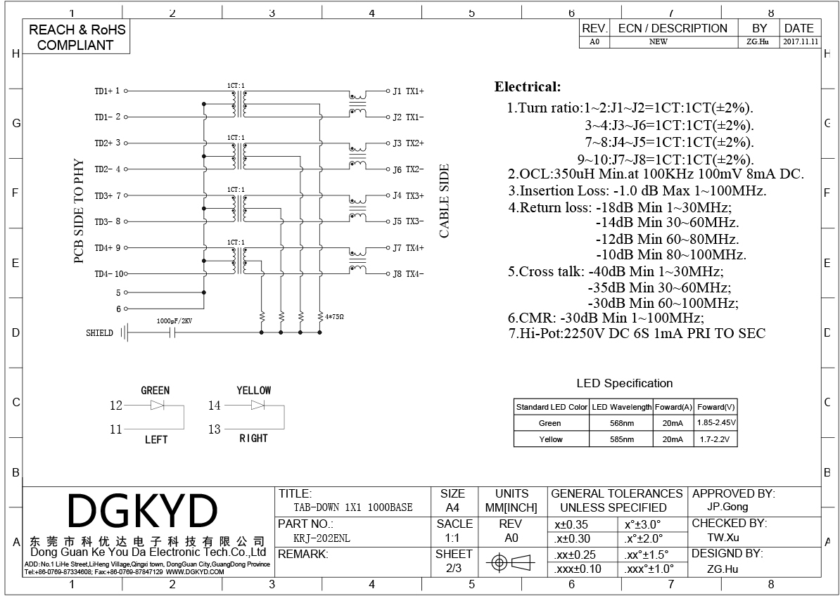 Metal Shielded Cat6a Ethernet Connector Female RJ45 With Transformer, G/Y LED KRJ-202ENL