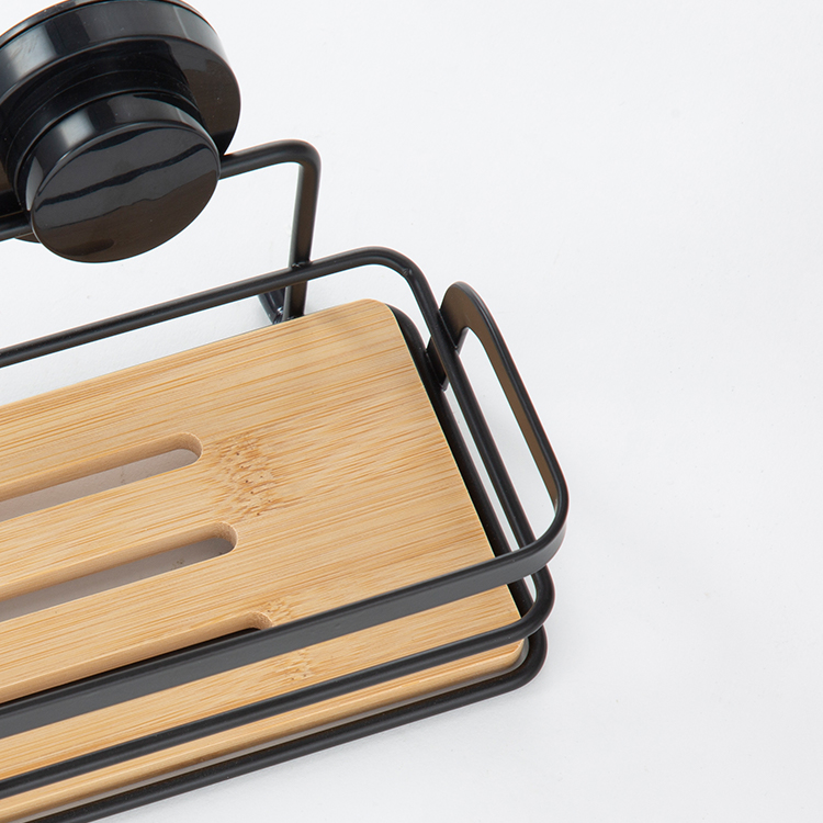 Black Bamboo Bathroom Shower Rack With Easy-Lock Suction Wall Mounted Basket Shelf