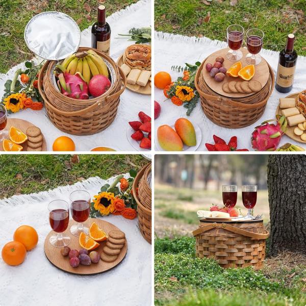 Small Picnic Baskets with Insulated Cooler, Picnic Basket Hamper for 2, Woodchip Wicker Basket,