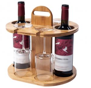Quality 11.8x9.8x11.8 Inch Wooden Wine Rack Wine Storage Set Holds 2 Bottles And 4 Glasses wholesale