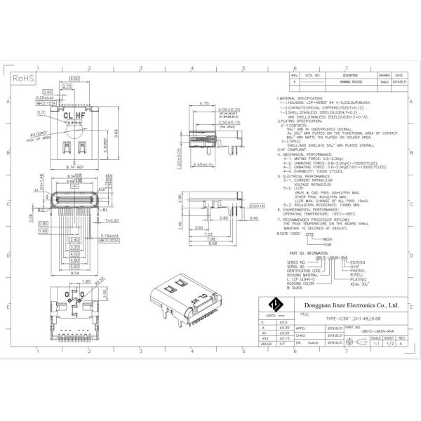 Type C USB 3.1 AF 24 Pin 4 Legs Female Socket SMT Flat Solder Connector 90 Degree