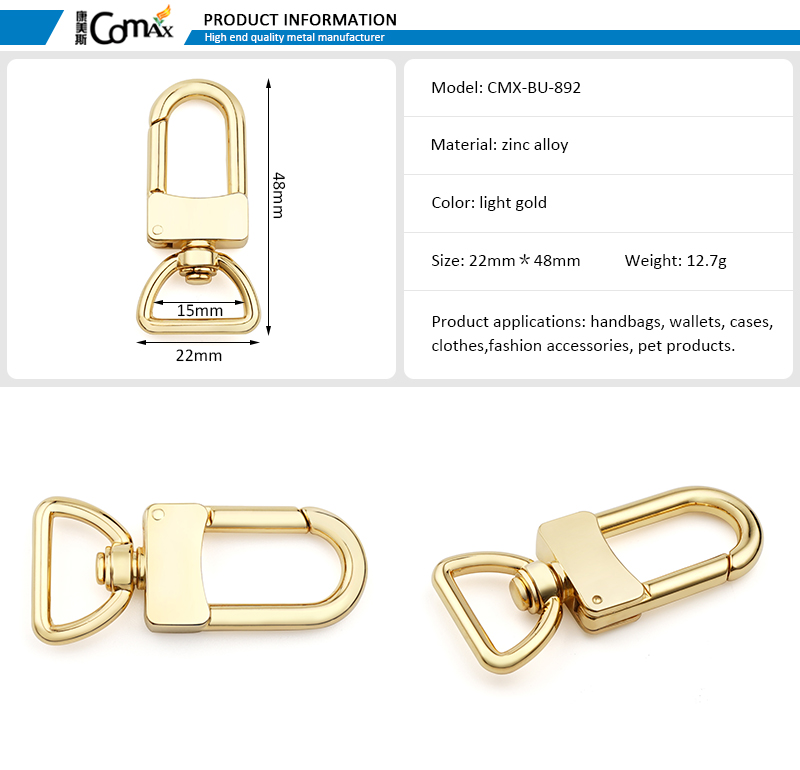 Dongguan Gold Swivel Snap Hook for Bag Accessory 15mm Dog Hook Snap Handbag Hardware