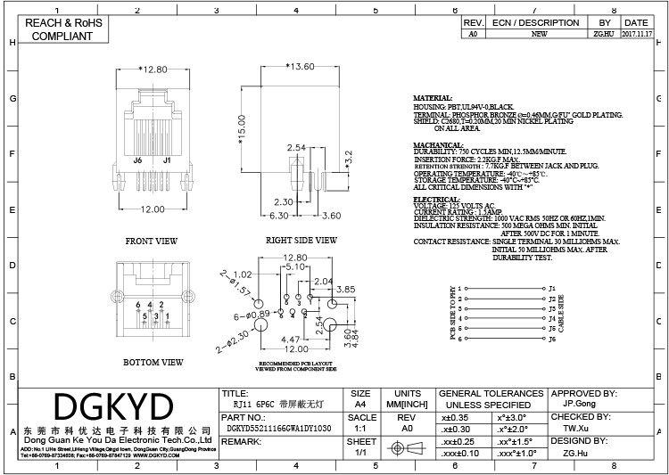 Shielded Rj11 Jack Connector Modular Block Interface 6P6C Without Filter