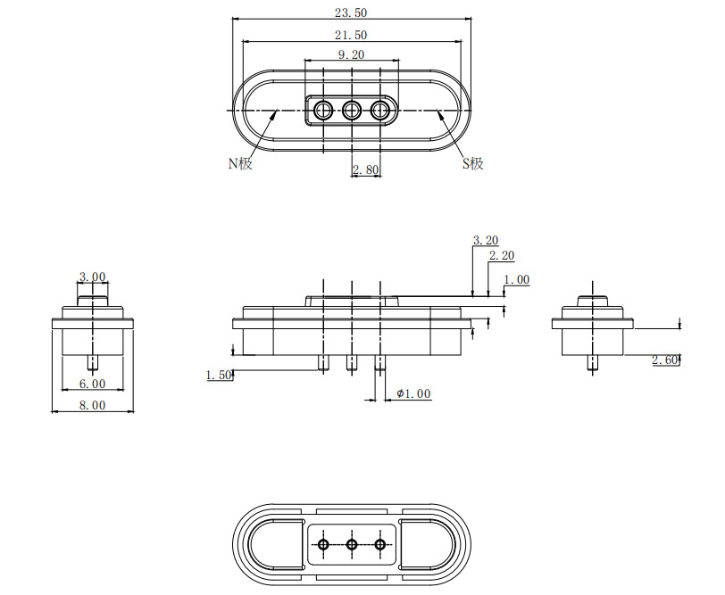 80g spring force 3pin male and female magnetic charging connector with 2.8mm pitch