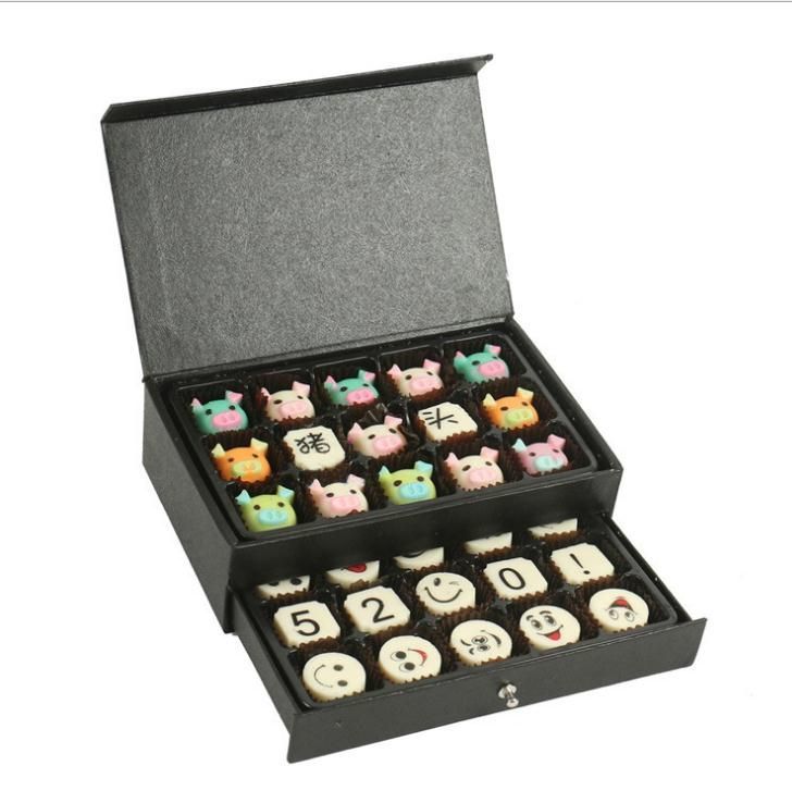 Cuotom Logo Black Art Paper Mounted Cardboard Carton Magnetic Packaging Boxes Double Drawer Type Assorted Food Chocolate Candy Box with Compartment