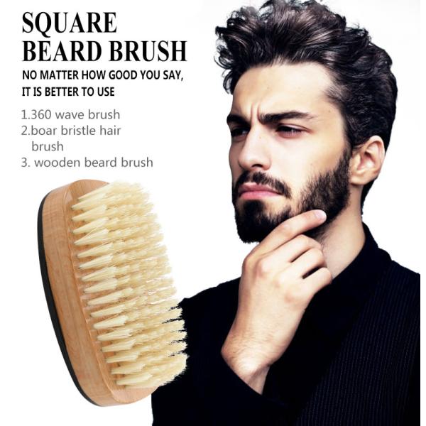 Private Label Square Men Wave Brush Beach Wood Handle Medium Hard Boar Bristle
