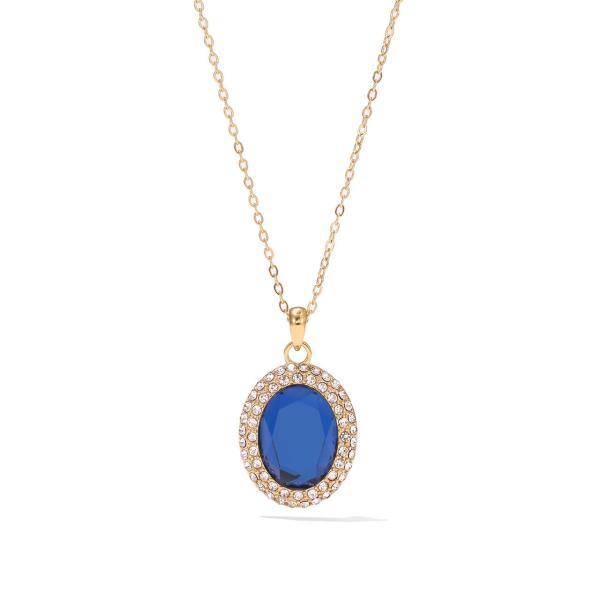 Necklaces for Women Stainless Steel with Big Blue Oval Zircon Stone and Clear Round Gems