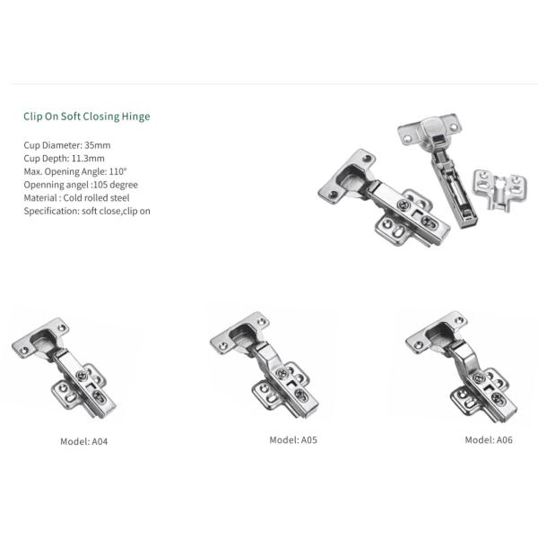 A04 Iron Clip On Cabinet Door Hinge Soft Closing With 35mm Cup
