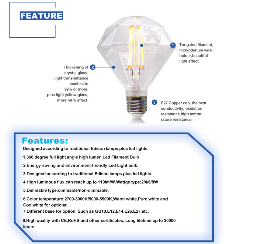 D120 Diamond Edison LED Filament Bulbs 220V 4W 6W E27 LED Vintage Edison Light Bulb