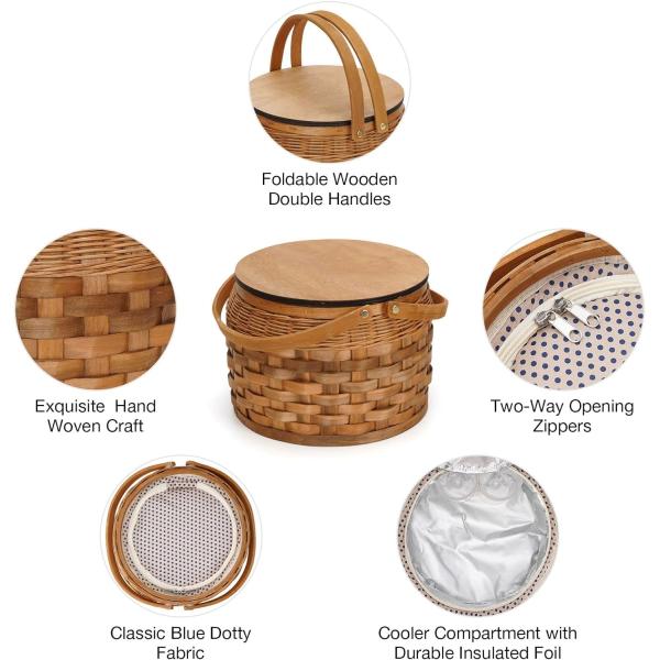 Small Picnic Baskets with Insulated Cooler, Picnic Basket Hamper for 2, Woodchip Wicker Basket, Including 2 Sets