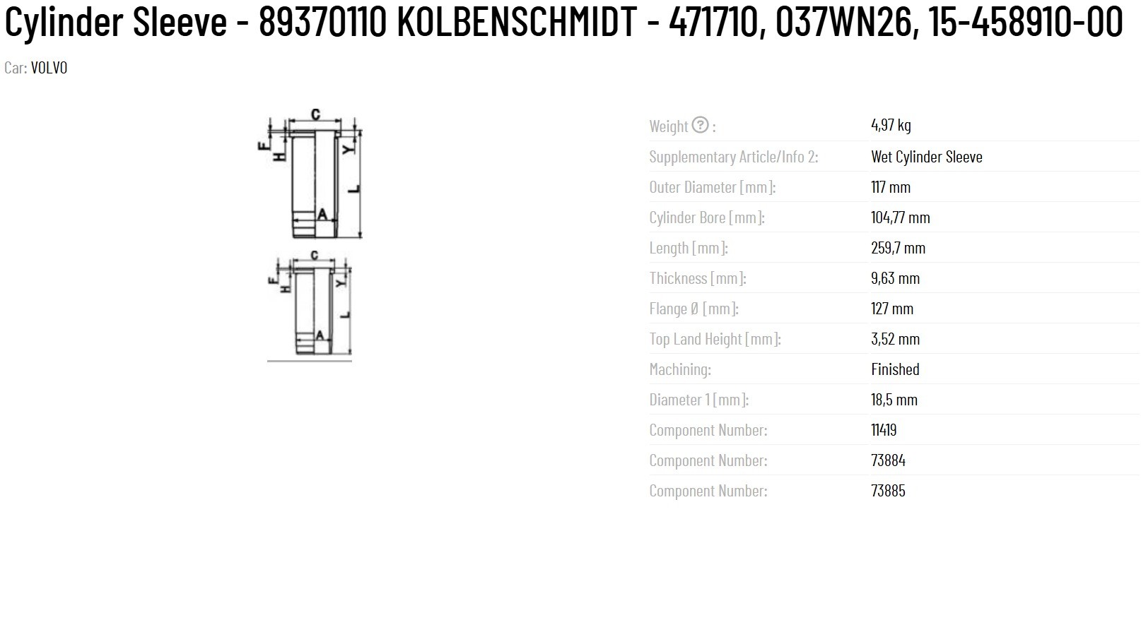 Manufacturing Plant KS Cylinder Sleeve 89370110 KOLBENSCHMIDT 471710 037WN26 15