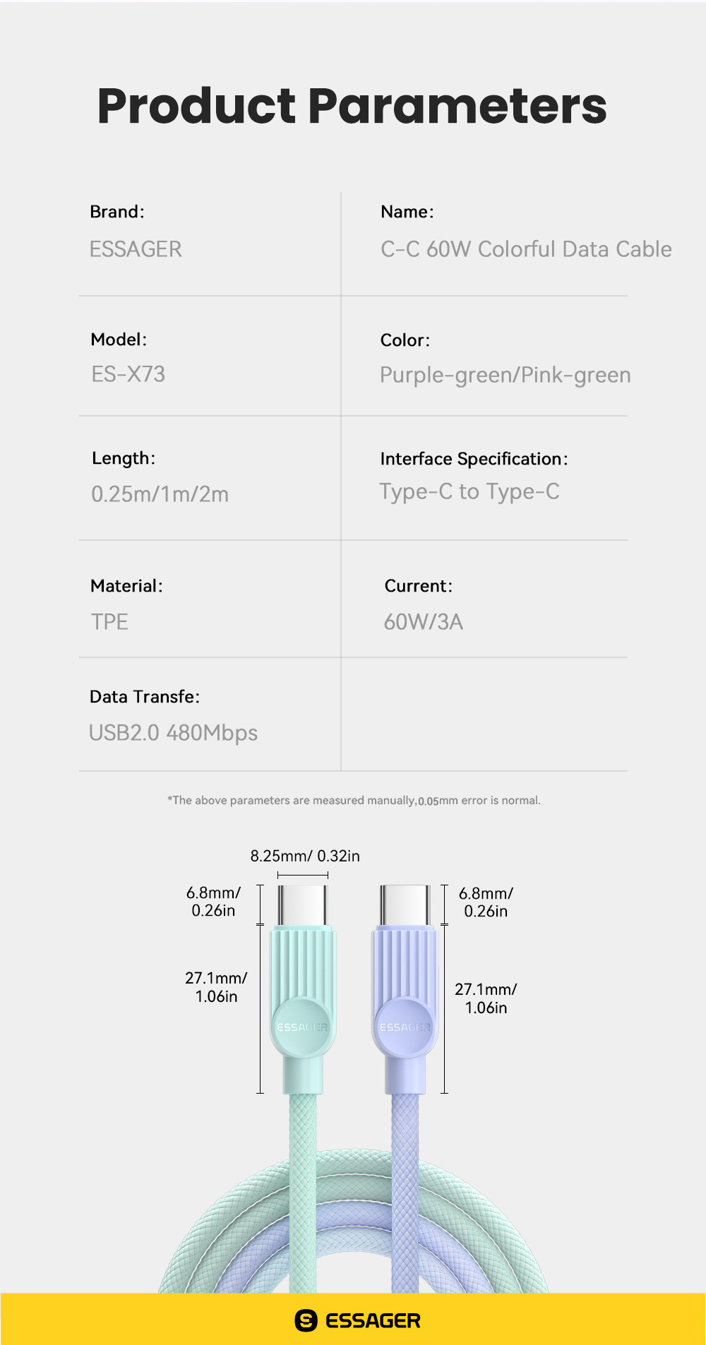 ESSAGER ES-X73 3A PD 60W Type C Fast Charging Data Cable, 1M 2M Colorful Braided Cables