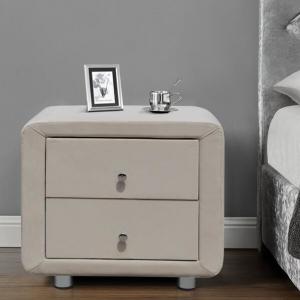 China Velvet Fabric 2 Drawer Bedside Tables Plush Upholstered Nightstand Beige With Chrome Handles on sale