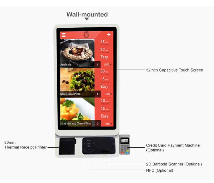 Self-service Kiosk 32 inch Wall Mount Touch Screen with 80mm Printer QR Barcode Scanner