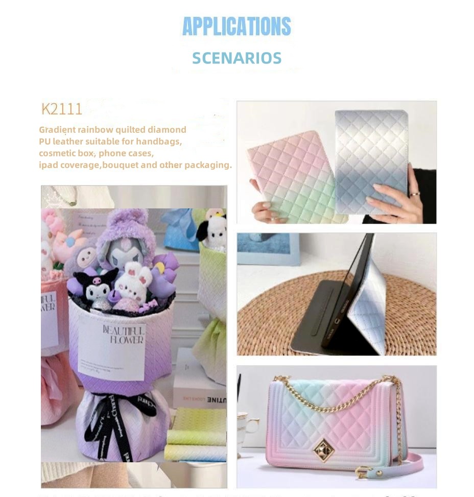 Embossed Handbag PU Leather Fabric Texture Of Gradient Rainbow Diamond Grid