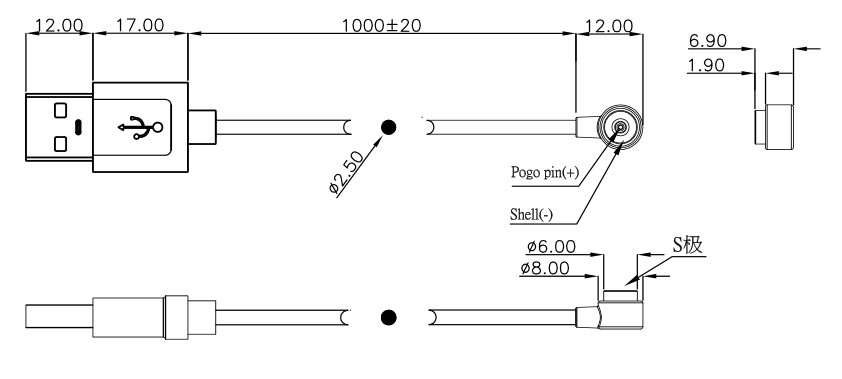 6.0mm 2 pins magnetic charging usb cable connector with white TPE cable