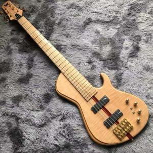 China Custom Neck Throu Body Flamed Maple Top Ash Wood 6 Strings Guitar Bass with 940mm Scale Lengthen on sale