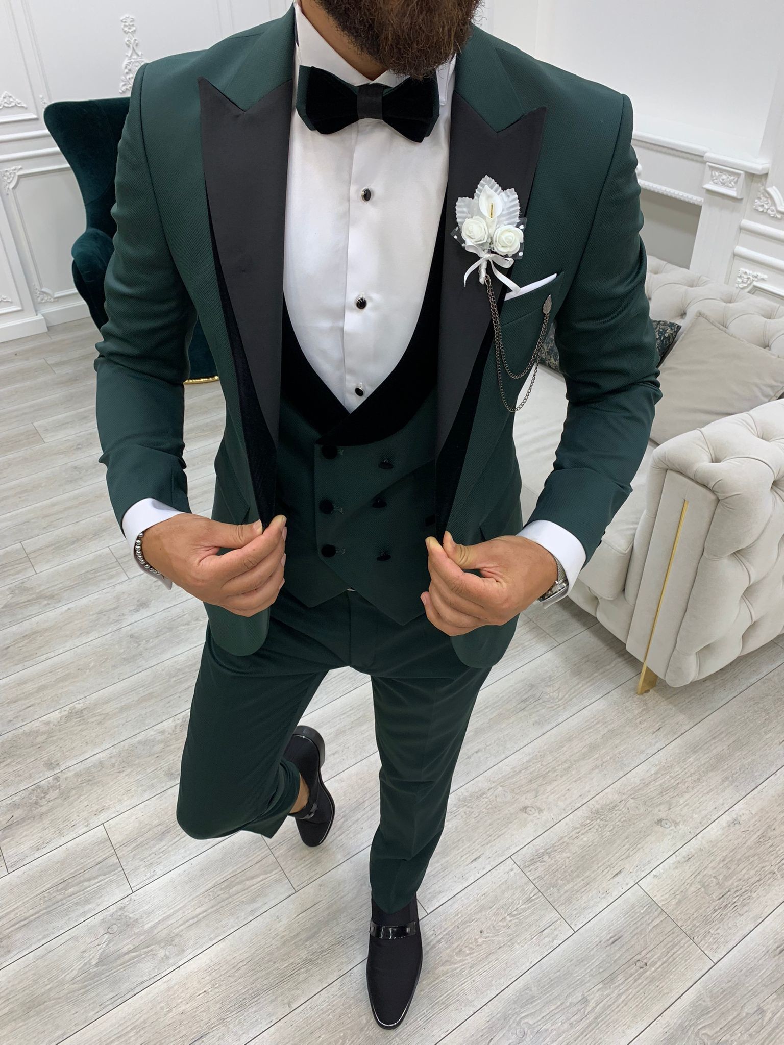 Buy cheap Infinite Green Slim Fit Velvet Mens Peak Lapel Tuxedo from wholesalers