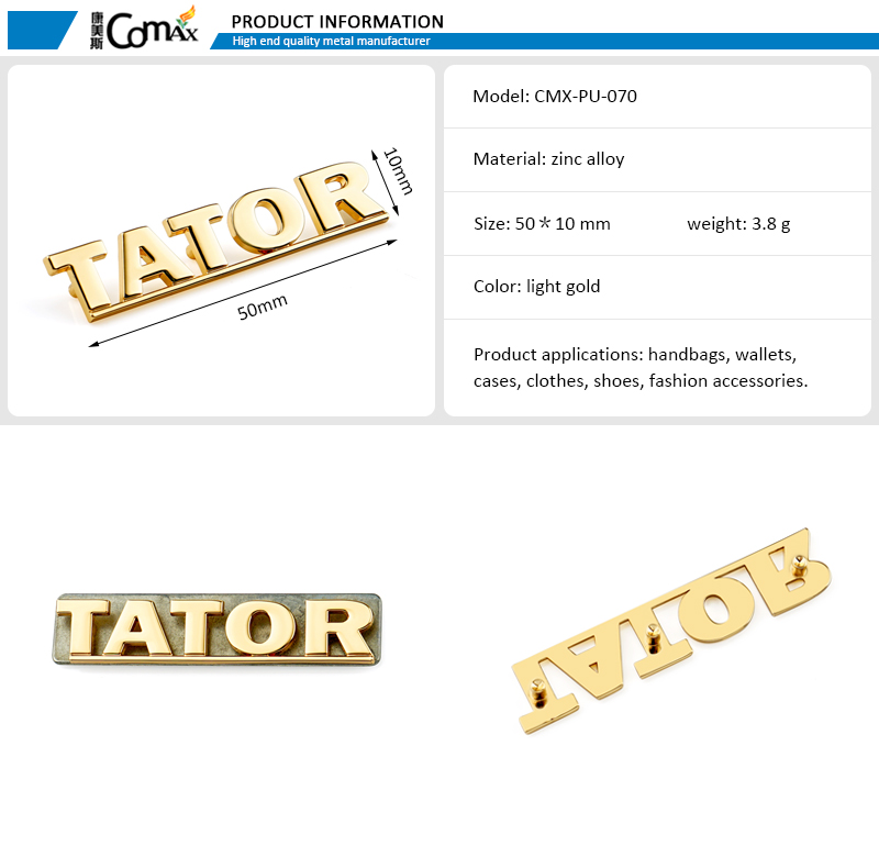 User-Friendly Style Custom Metal Letter Logo for Handbags Gold Tag Separated