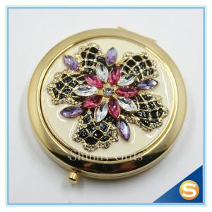 China Shinny Gifts Luxury Rhinestone Flower Design Metal Compact Mirror Small Makeup Mirror For Girls Gift on sale
