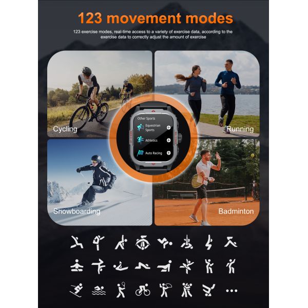 Eraysun Outdoor Smartwatch for Sport 1.85" BT Call Flashlight 123+ Exercise Modes 300mAH Health Monitoring Da Fit Smartwatch