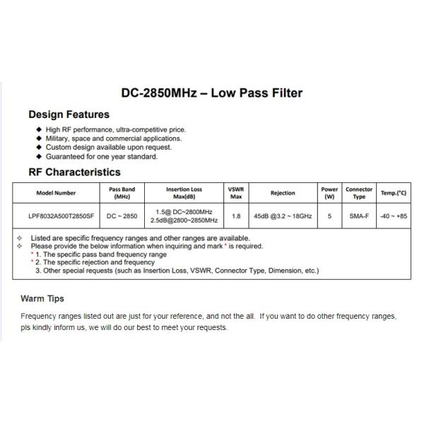 DC 2850MHz Low Pass RF Cavity Filter