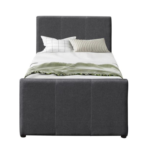 Dark Grey Linen Wooden Twin Daybed Frame With Extendable Trundle For Bedroom