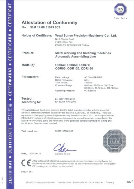 Wuxi Sunye Precision Machinery Co.Ltd Certifications