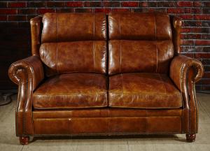 Retro Vintage Living Room 2 Seater Leather Sofa With Double Layer Back Cushion