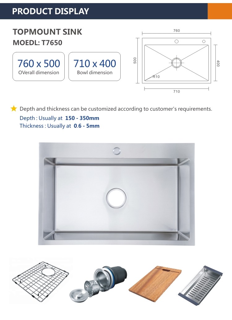 16 Gauge Topmount Stainless Steel Kitchen Sink Single Bowl Brushed 76x50