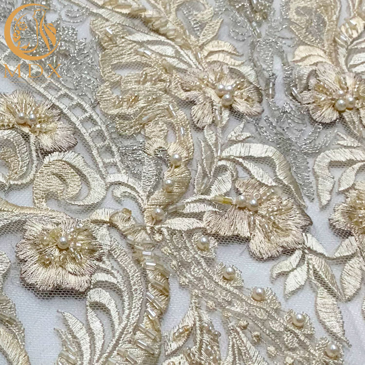 3D Wedding Dress Embroidery Fabric Beaded Lace Fancy Floral Pattern