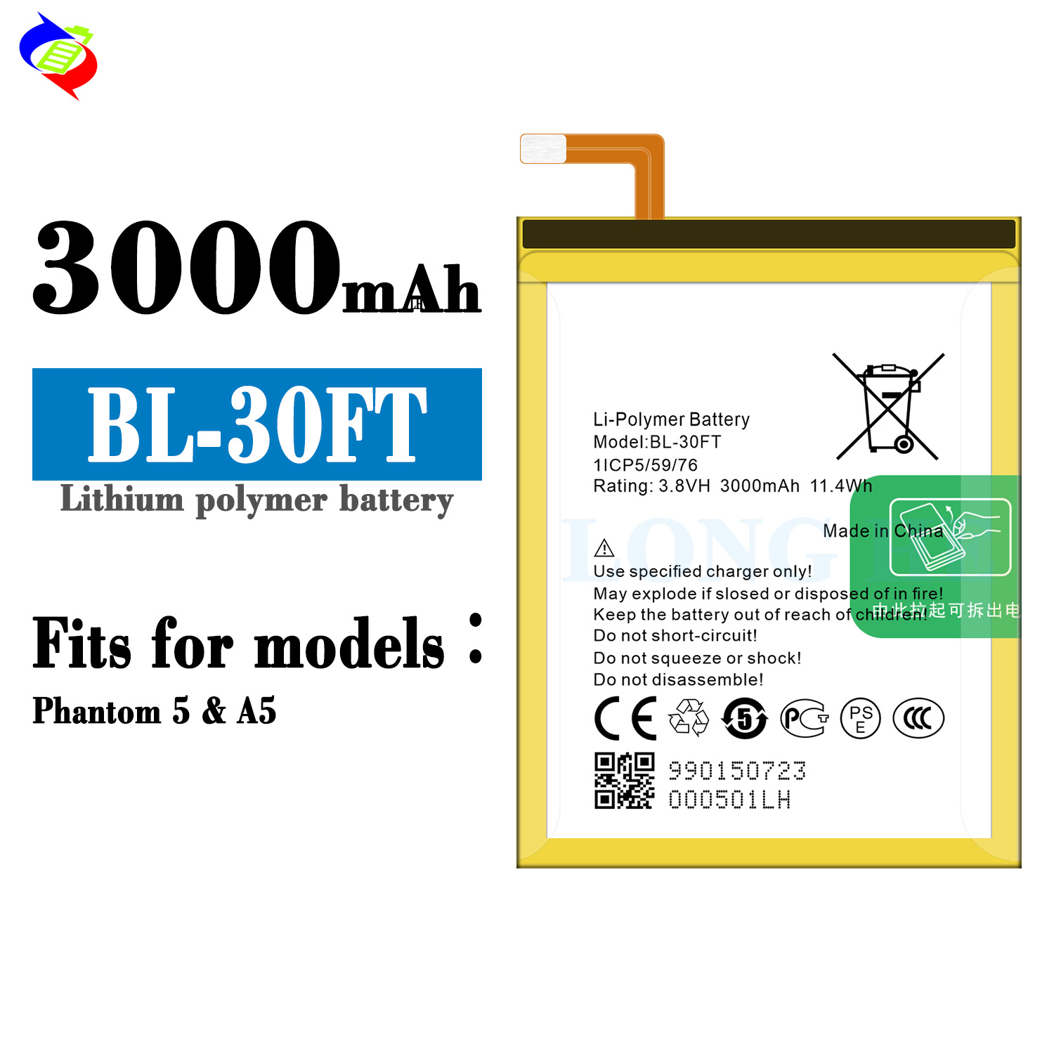 OEM/ODM 3.8V 3000mAh Built-in Battery for Tecno Phantom 5 A5 BL-30FT Mobile Phone