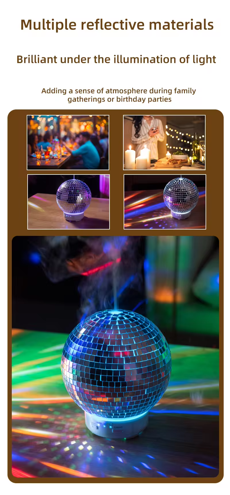 Newest Design Disco Mirror Ball 7 Color Lights Essential Oil Electric Ultrasonic Aroma Diffuser for Christmas Decorations