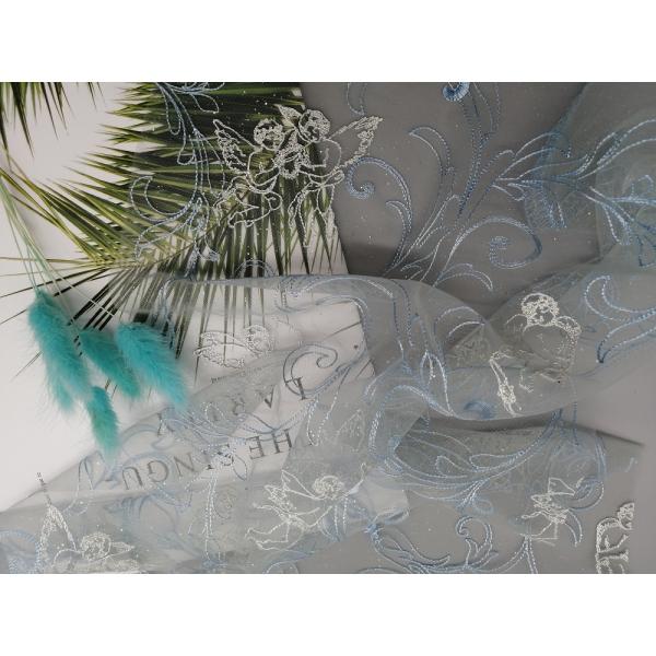 49" Bule Tulle Foil Coated Embroidered Mesh Lace Fabric