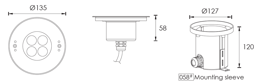 Dimensional drawing for 4*2W or 4*3W LED Pool Lights
