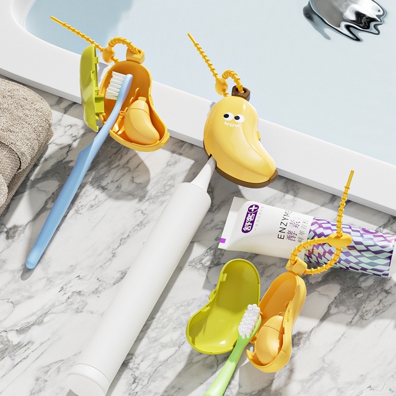 Banana-Shaped Toothbrush Cover And Silicone Toothpaste Travel Container Set – Cute Portable Travel Toothbrush Holder + Leak-Proof Toothpaste Tube Case