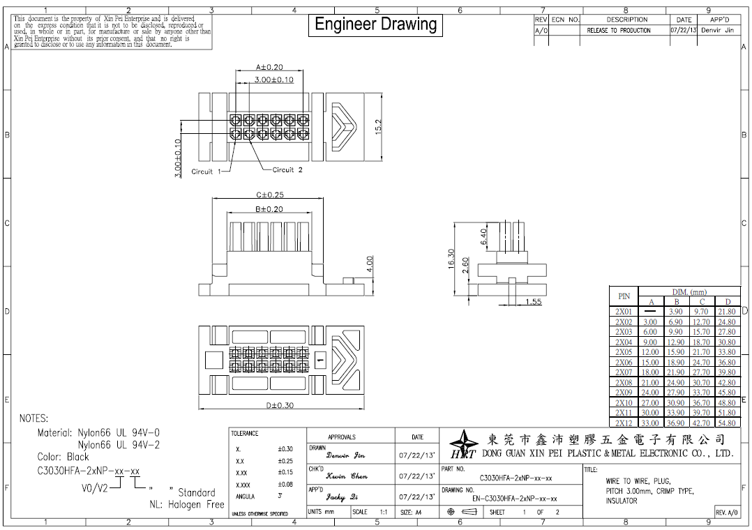 Female housing Wire to wire Connector Pitch 3.0mm for power dual Row