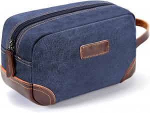 China Bathroom Toiletry Travel Bag For Men , Blue Leather And Canvas Large Dopp Kit on sale