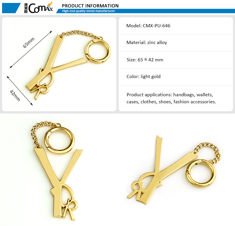 High End Custom Zinc Alloy Gold Hanging Metal Letters Logo Tag for Handbag