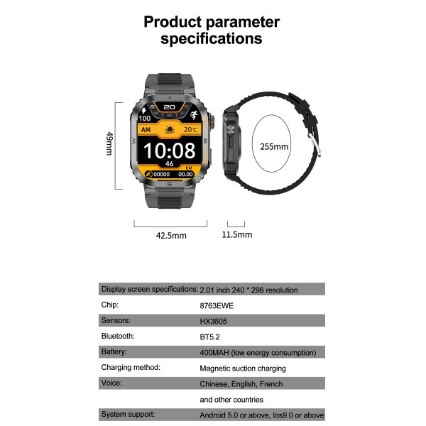 Eraysun Outdoor Smartwatch for Sport 1.85" BT Call Flashlight 123+ Exercise Modes 300mAH Health Monitoring Da Fit Smartwatch