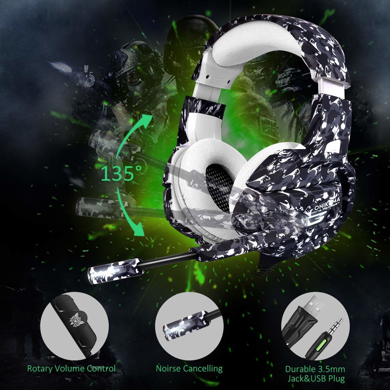 Noise Cancelling 2.2m Onikuma K5 Camouflage Gaming Headset