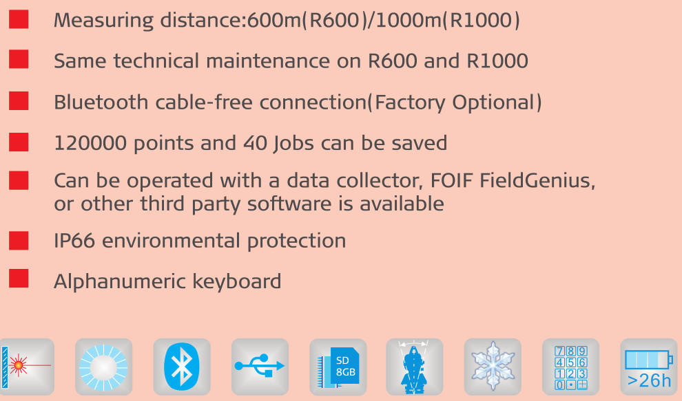 FOIF 1000m Reflectorless ARM9 Core FOIF RTS-102R10 Total Station With USB/RS-232C/Bluetooths Optional