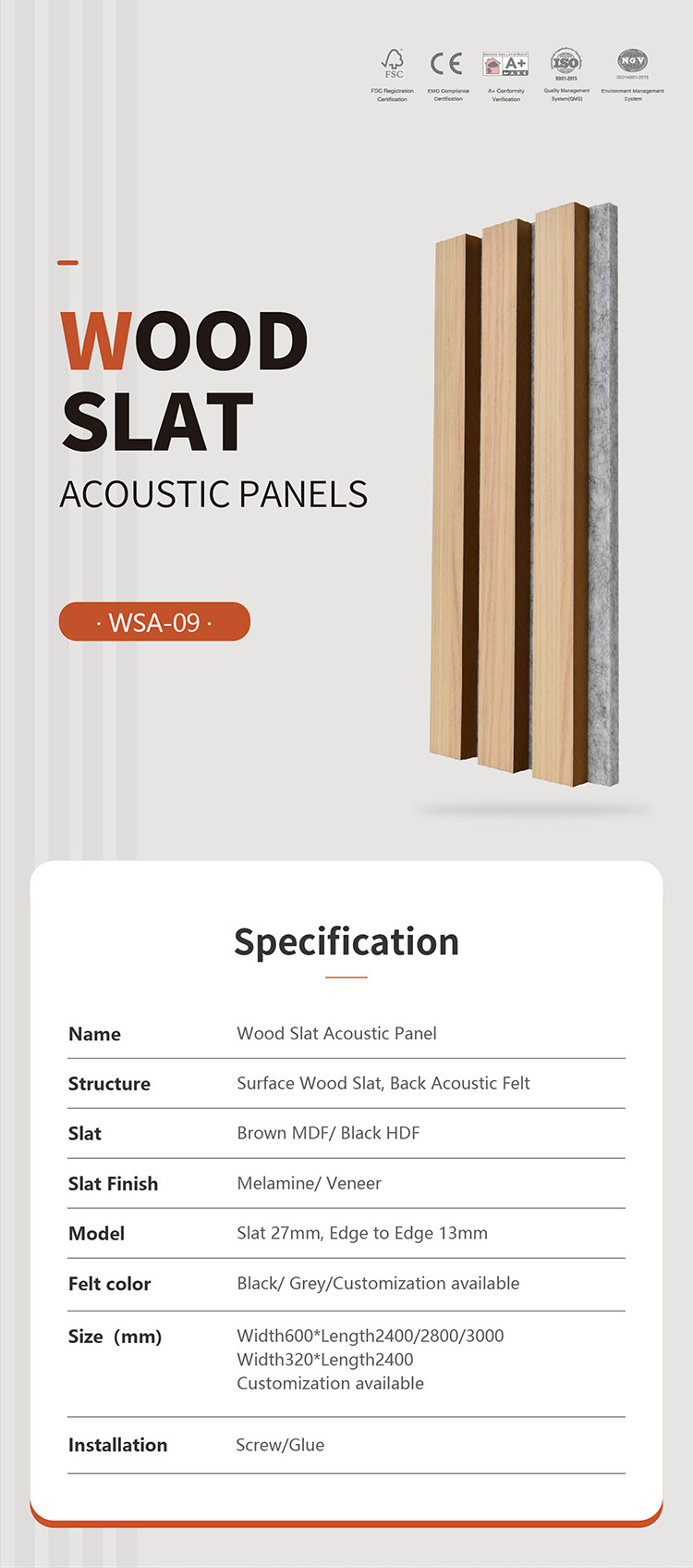 Noise Control Acoustic Wood Slat Panels For Walls And Ceilings 600x2400mm