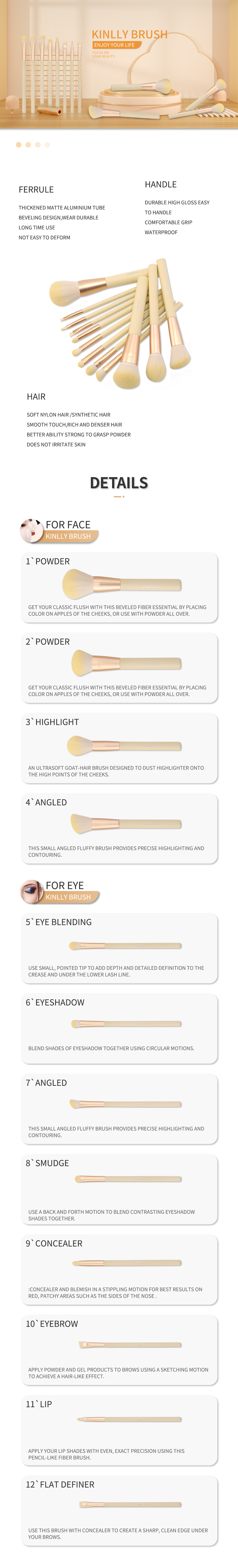 12pcs Aluminium Ferrule Wooden Handle Makeup Brushes